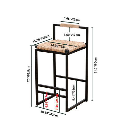 Water Hyacinth Woven Bar Stools With Back Support, Counter Height Dining Chairs (Set of 2) - Natural