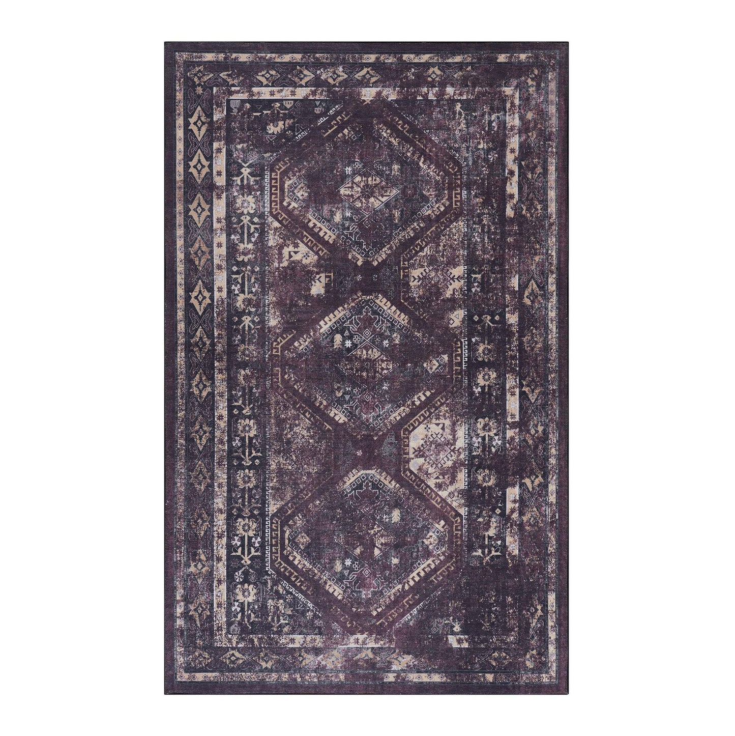 Maval - 5' X 8' Washable Area Rug - Black / Burgundy