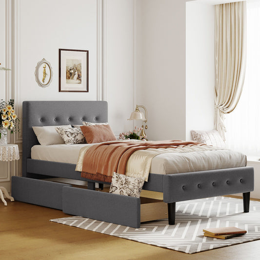 Twin Size Upholstered Platform Bed With 2 Drawers - Gray