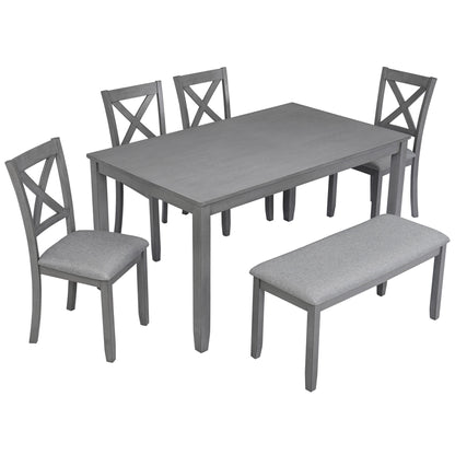 6 Pieces Kitchen Dining Set, Rectangular Wooden Dining Table With 4 Chairs And A Bench