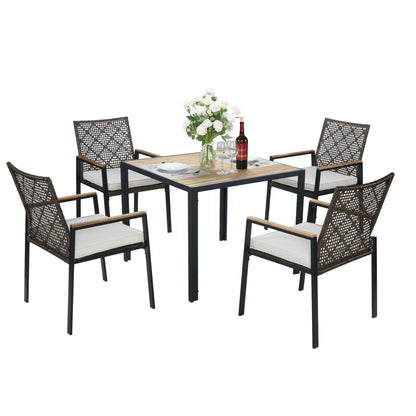 5 Piece Patio Dining Table Set, Acacia Wood Table Top With Umbrella Hole
