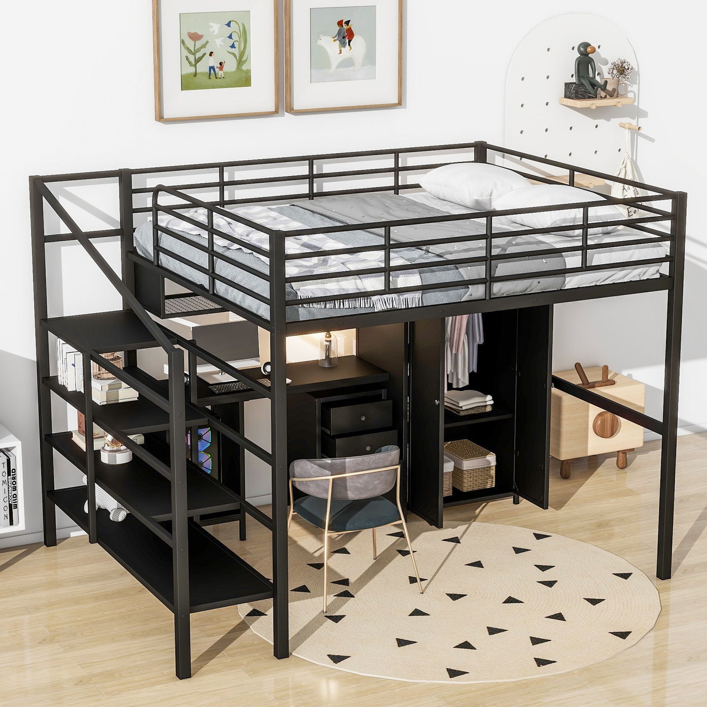 Full Size Loft Bed With Desk Set And Wardrobe - Black