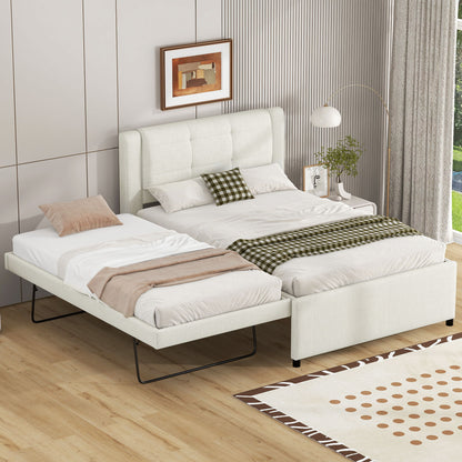 Full Size Upholstered Platform Bed With Adjustable Trundle - Beige