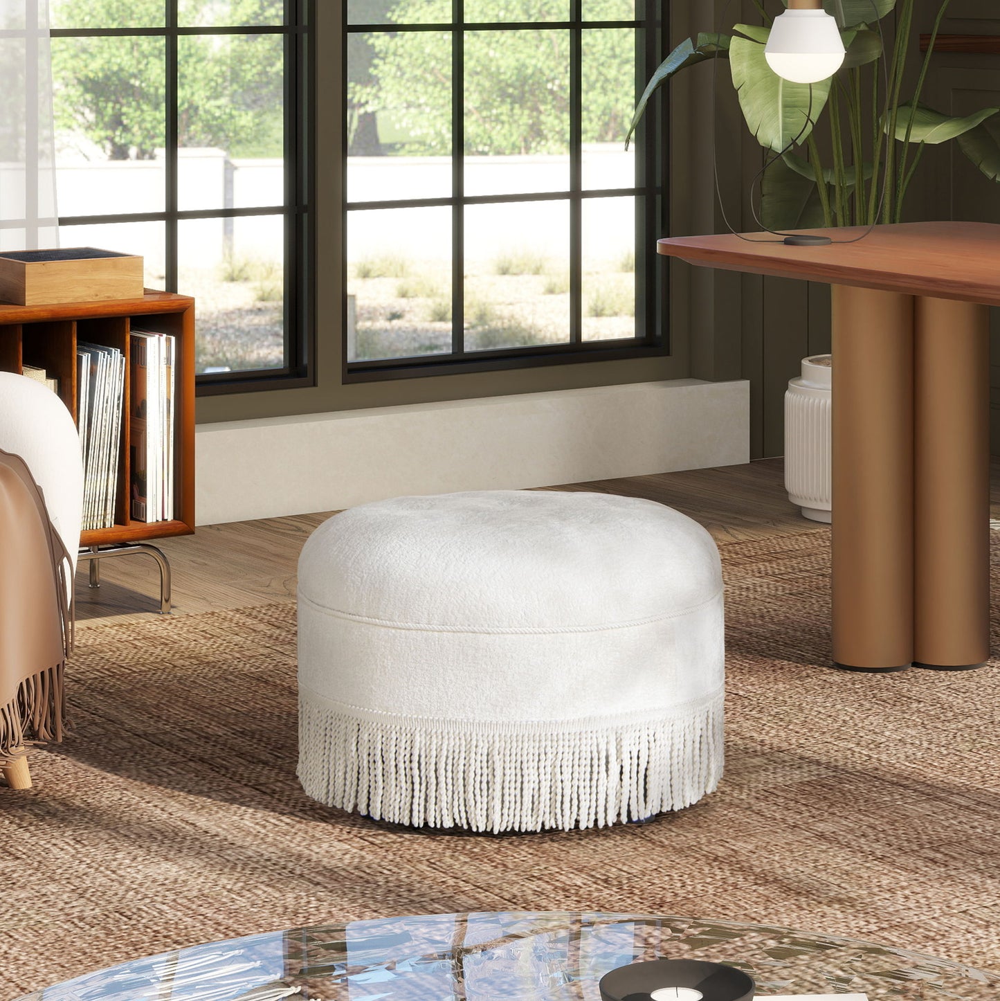 Yolanda - Round Upholstered Accent Ottoman - Almond White