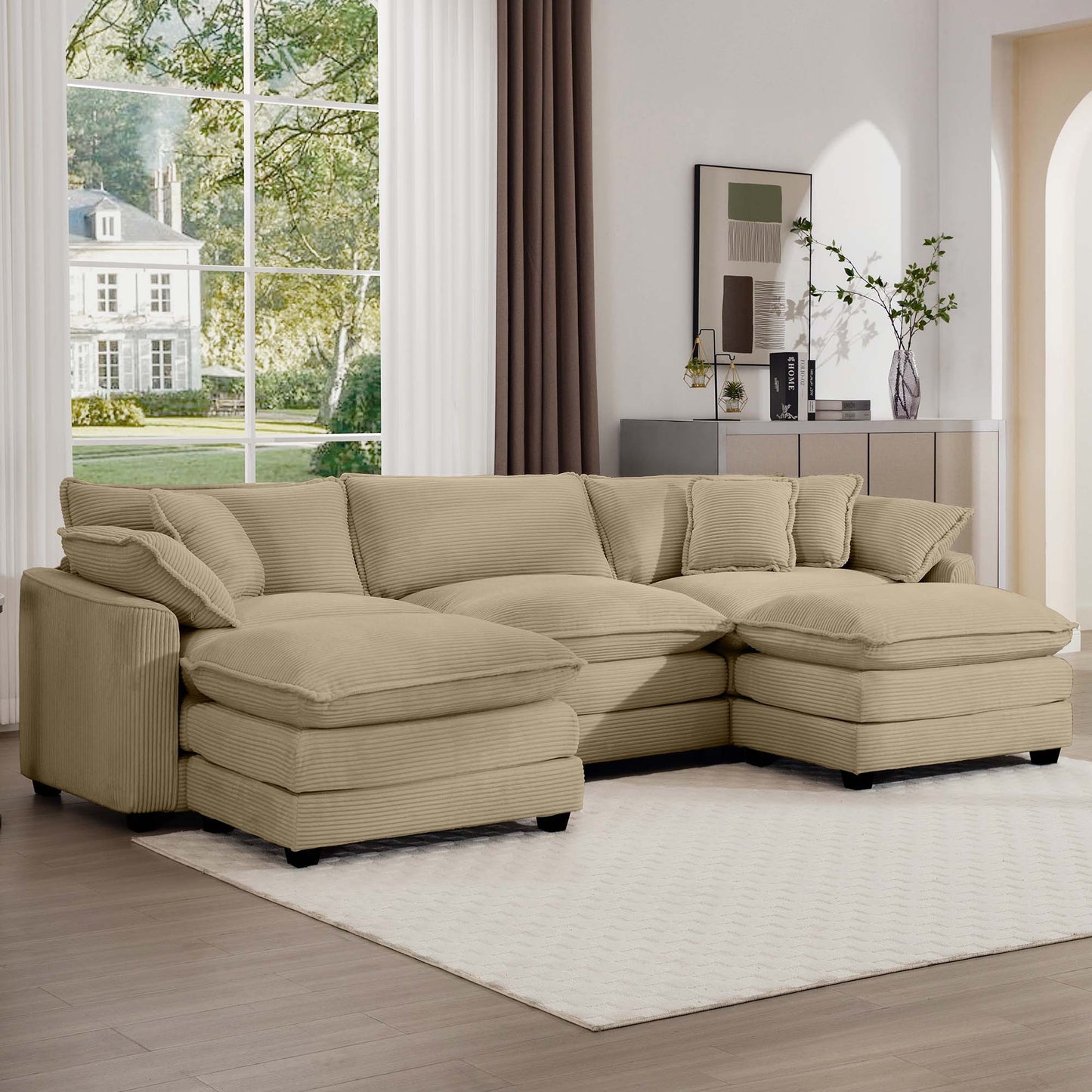 Modern Oversized Modular Cushion Sofa With Ottoman, Low Back, Deep Seating Sofa Set