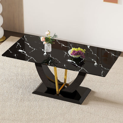 Modern Minimalist Luxurious Imitation Marble Dining Table Rectangular Office Desk With Tempered Glass - Black