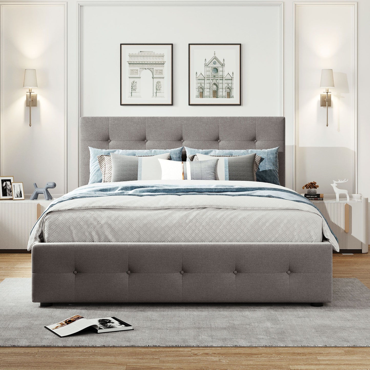 Upholstered Platform Bed With Classic Headboard And Drawers, No Box Spring Needed