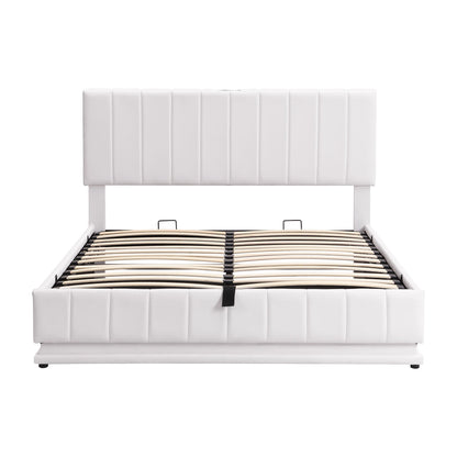 Upholstered Bed With Hydraulic Storage System And LED Light, With Sockets And USB Ports