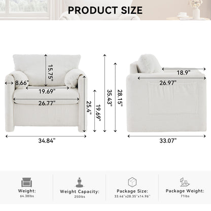 Fixed Modern Accent Chair Single Seater Plush Chenille Lounge Chair With High Resilience Cushion - Ivory White