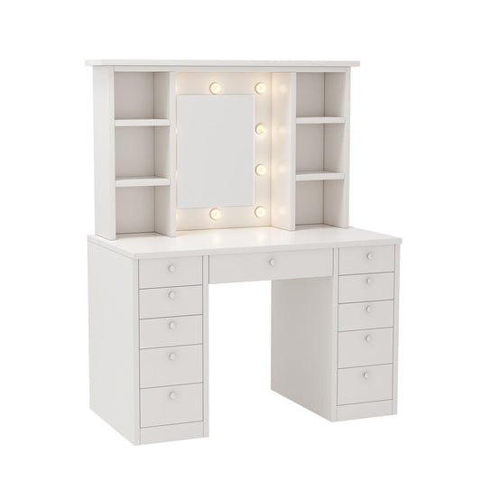 Vanity Desk With LED Lighted Mirror, Makeup Vanity With 11 Drawers, Adjustable Lighting - White
