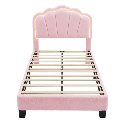 Upholstered Elegant Flowers Headboard With LED Light Strip, Platform Bed With Slats Support
