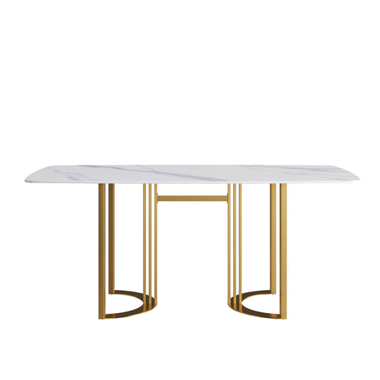 70.87" Modern Artificial Stone White Curved Golden Metal Leg Dining Table, Can Accommodate 6-8 People - White / Gold