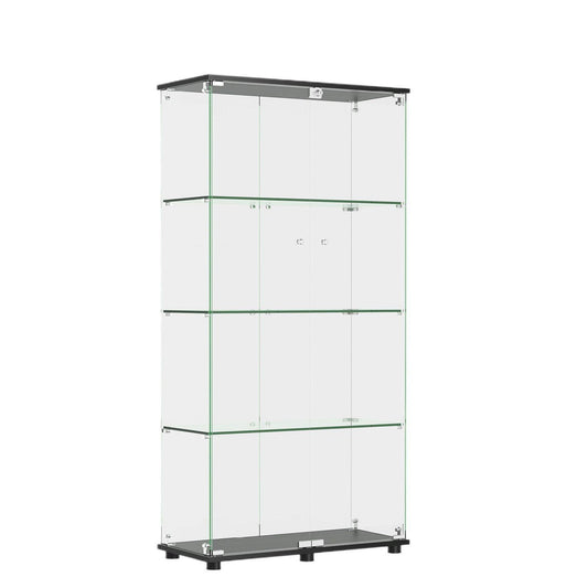 Modern Glass Display Cabinet With 4 Shelf Double Doors And Lock, Tempered Glass Bookshelf For Living Room - Black