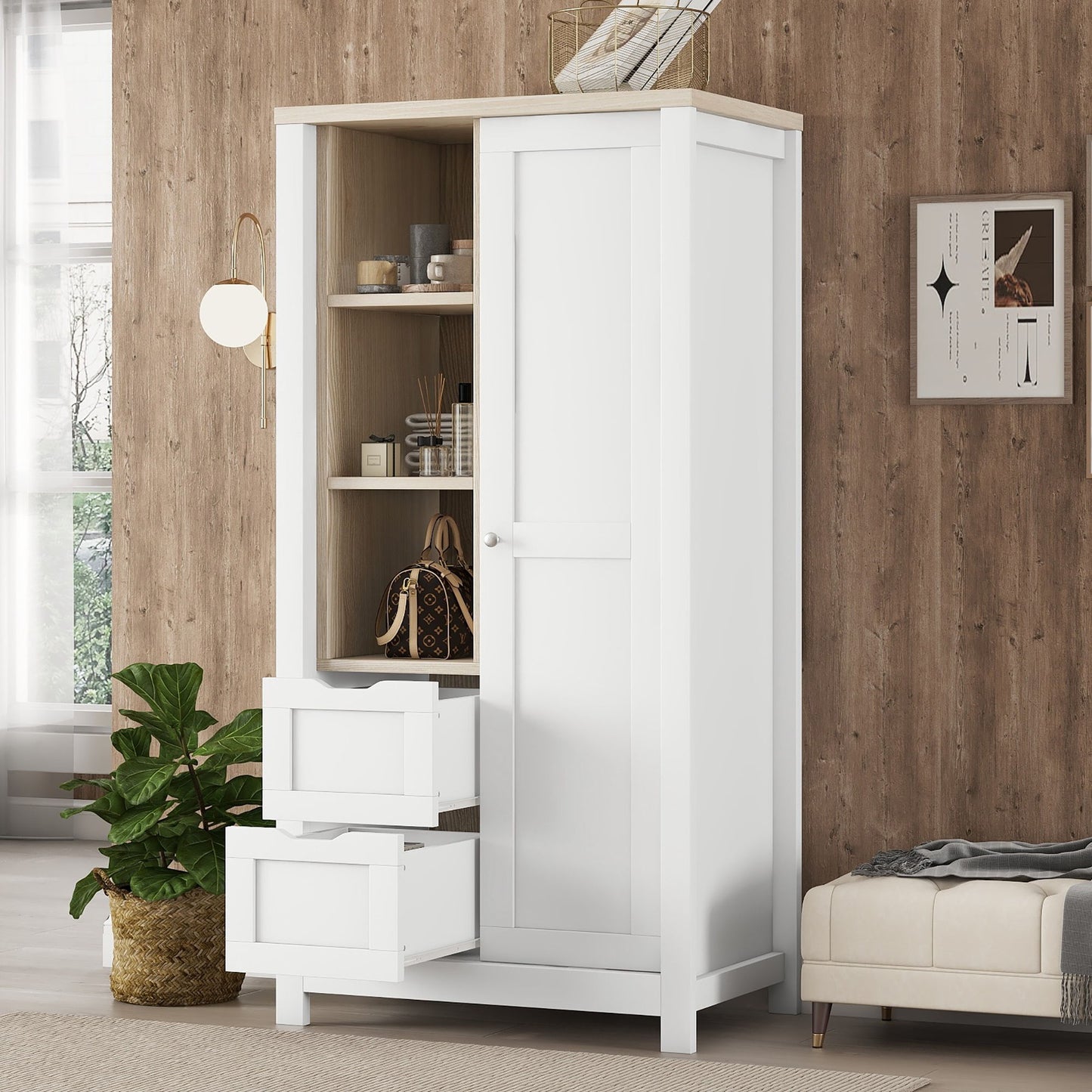 Modern Bedroom Storage Wardrobe With Hanging Rods, 2 Drawers, Open Shelves, Sliding Door - White