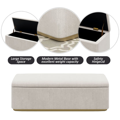 Chic Corduroy Upholstered Storage Ottoman With Vertical Stripe Design - Light Gray