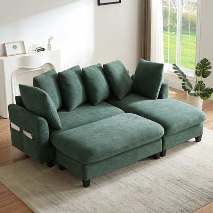 Upholstered L Shaped Sectional Sofa With Storage, Movable Ottoman, And 6 Throw Pillows