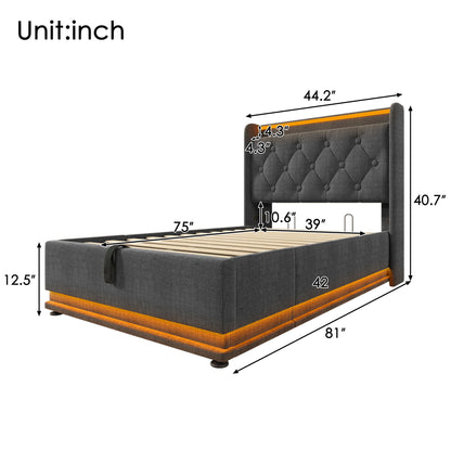 Upholstered Bed, 360 Surround LED Function, Remote Control, Hydraulic Storage Bed With USB, Type-C Charging (Without Mattress)