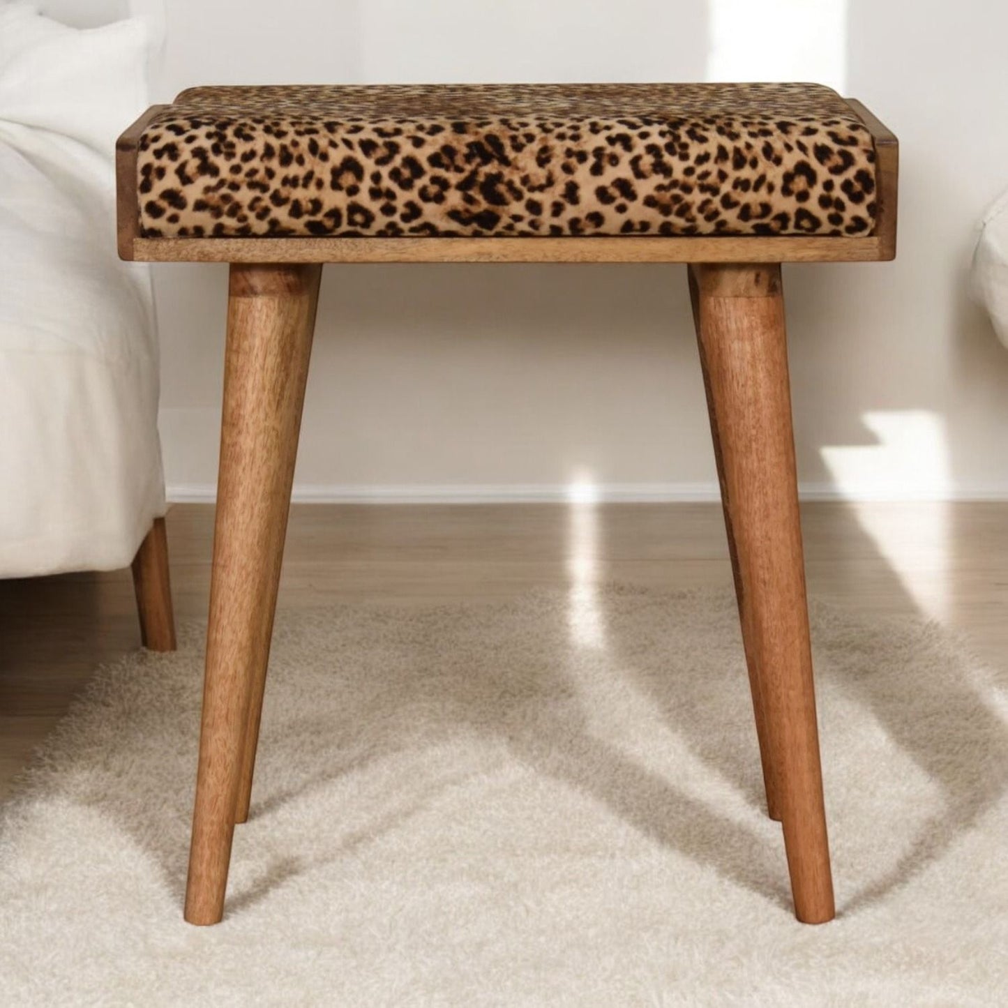 Leopard Velvet Tray Style Footstool - Brown Oak