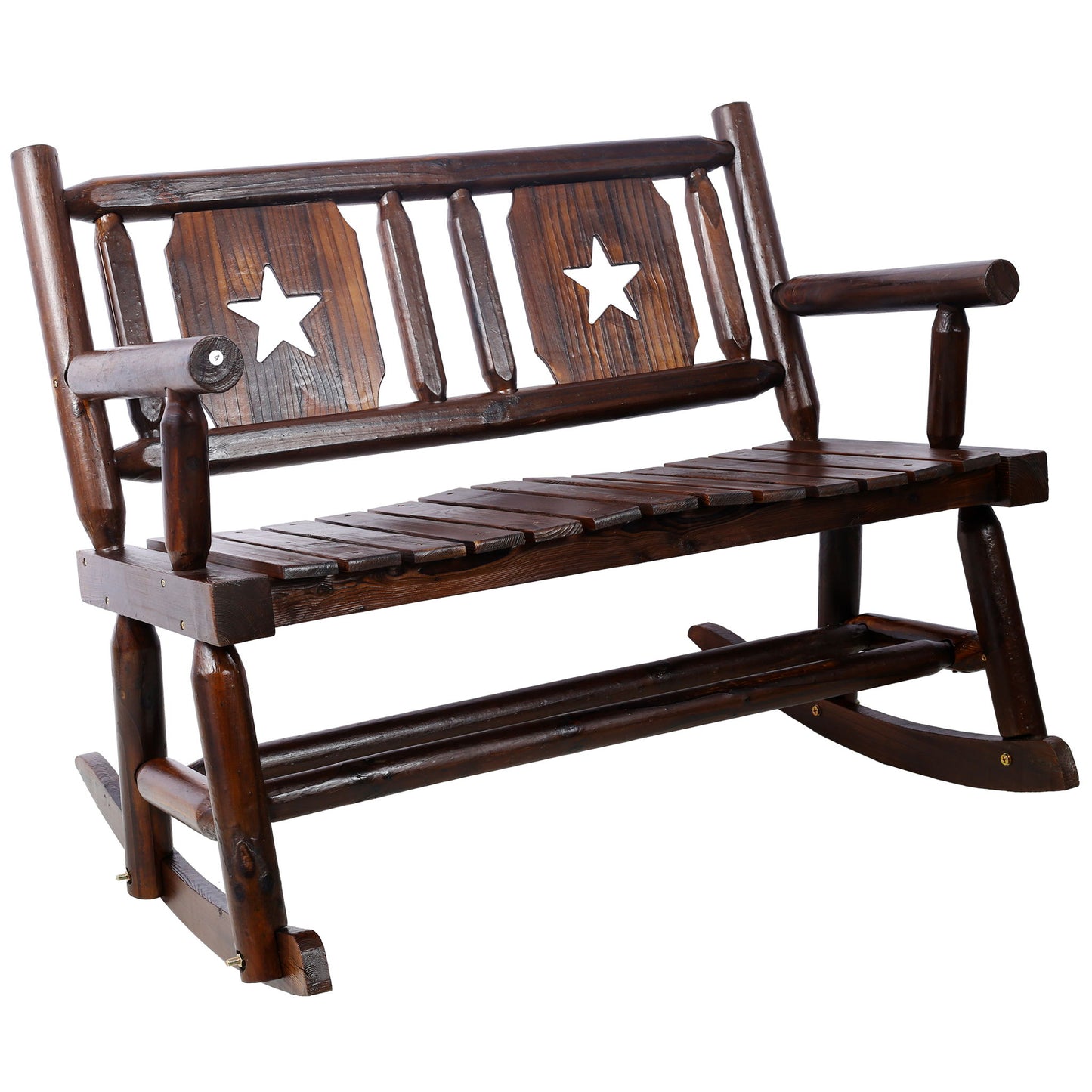 Rustic Outdoor Wood Rocking Bench Double Rocking Chair For 2 Persons With Curved Seat, Porch Rocker - Brown