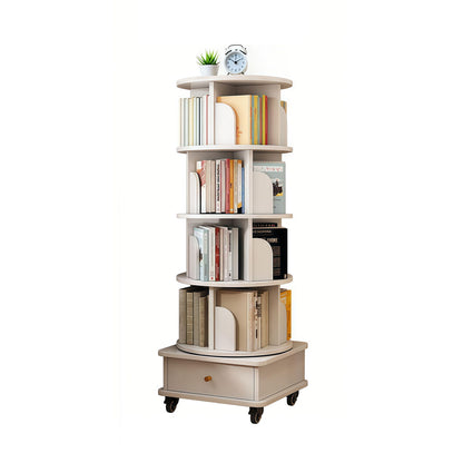 Rotating Bookshelf With Wheels And Drawer, 360° Spinning Design, Space Saving Storage