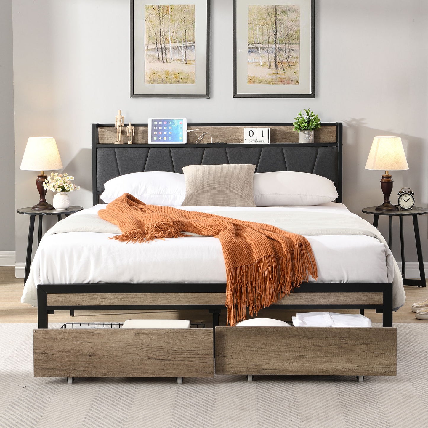Modern Platform Bed Frame With Upholstered Storage Headboard, USB Ports