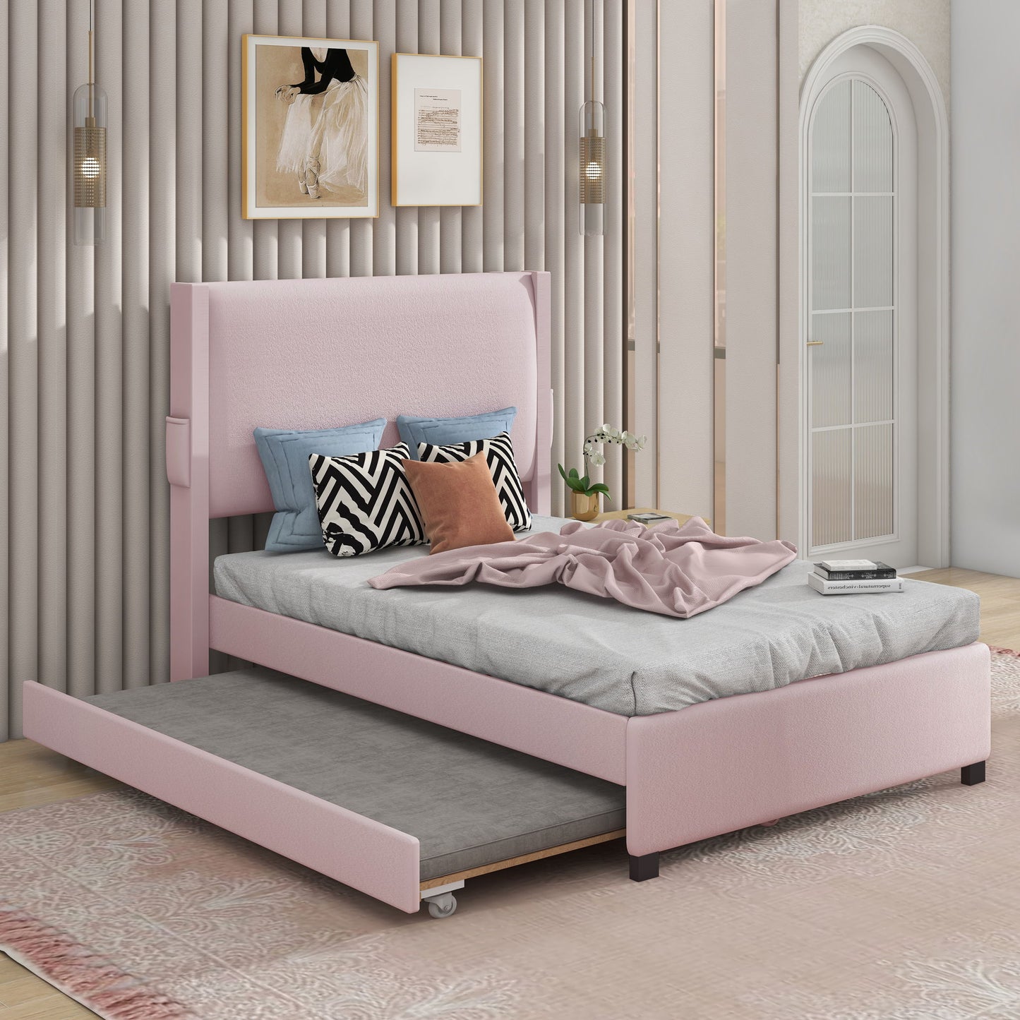 Twin Size Upholstered Bed Frame With Trundle Bed, Teddy Fabric, USB Functionality, And A Pocket Design On The Side Of The Headboard For Storing Small Items - Baby Pink