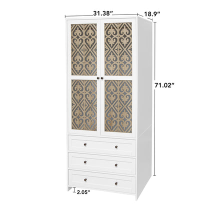 Hollow Pattern 2 Door 3 Drawer Wardrobe, The Collision Of Wood Color, Suitable For Bedrooms And Dressing Rooms - White